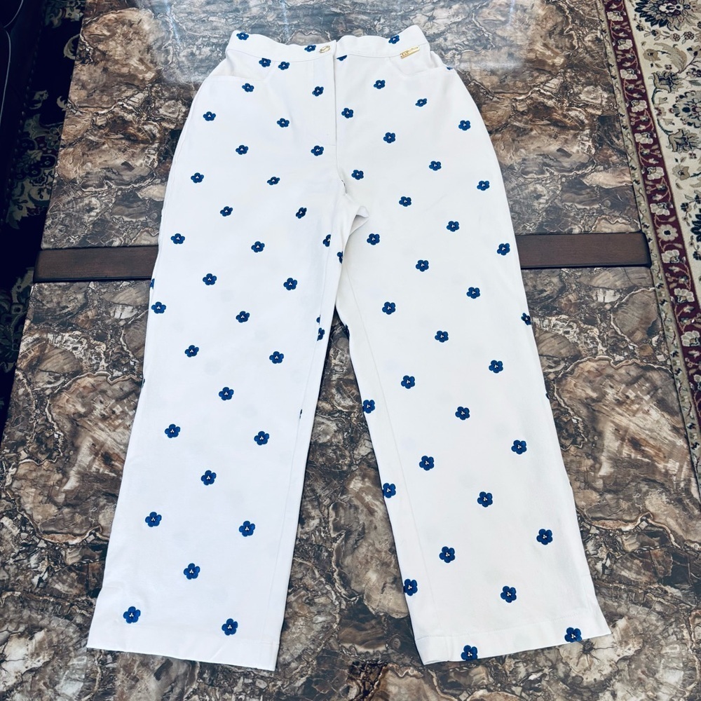 St. John Sport by Marie Gray White w/ Blue Embroidered Floral High Waist Pants 2